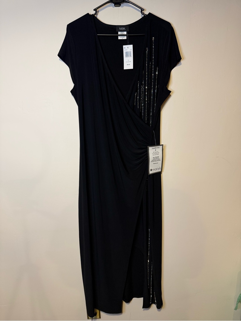 NEW MSK Macy's Short Sleeve Surplice and Beaded Front Midi Dress Black Size XL - Picture 4 of 10